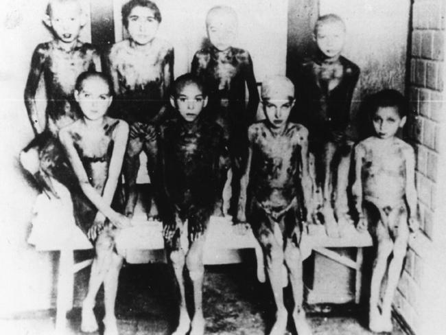 Some of surviving Jewish twins found by Soviet Army Troops at Auschwitz Concentration Camp, Poland during World War Two.