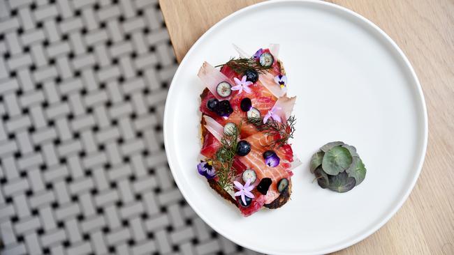 House cured salmon, blueberry stained onions, sake grapefruit gel and chive cream.