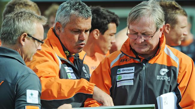 Kevin Sheedy works the magnet board with senior assistant coach Mark Williams.