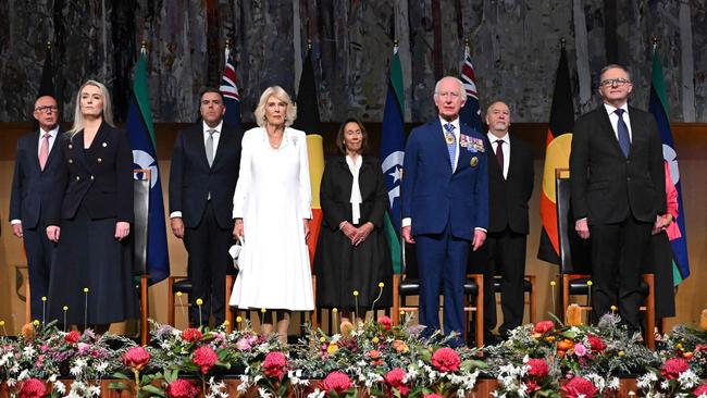 Britain’s King Charles III and Queen Camilla attend a Parliamentary reception hosted by Australian Prime Minister Anthony Albanese and partner Jodie Haydon. Picture: Lukas Coch/POOL/AFP