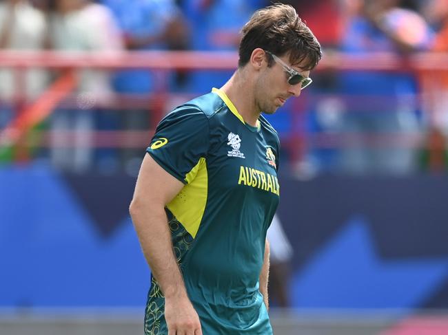 A contemplative Mitchell Marsh after loss to India. Picture: Gareth Copley/Getty Images