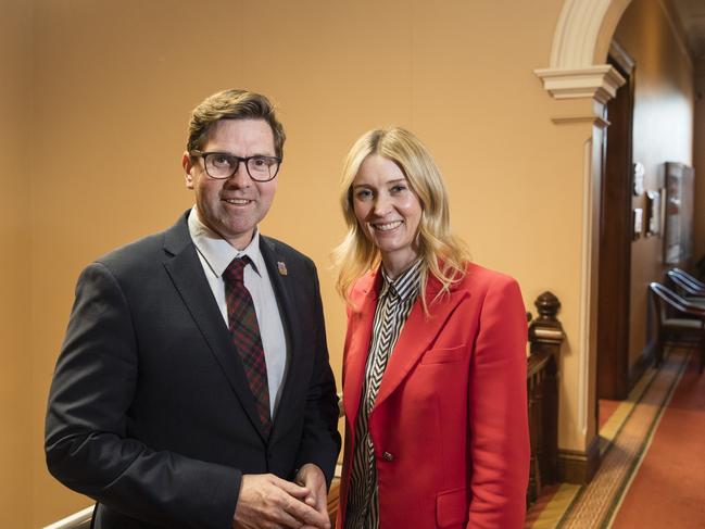 TRC Mayor Geoff McDonald congratulates Councillor Rebecca Vonhoff after she is elevated to the position of deputy mayor following a special meeting, Friday, July 28, 2023. Picture: Kevin Farmer