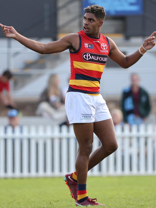 Crows forward Tariek Newchurch, who has kicked 20 goals in the SANFL this season, celebrates a goal against Sturt at Unley Oval. Picture: David Mariuz/SANFL