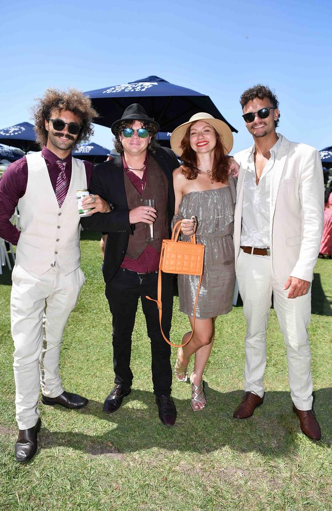 Rhys Daley, Clinton Cressell, Anouk Wauters and Kurt Daley out and about at Corbould Park for the Melbourne Cup Race Day in Caloundra. Picture: Patrick Woods.