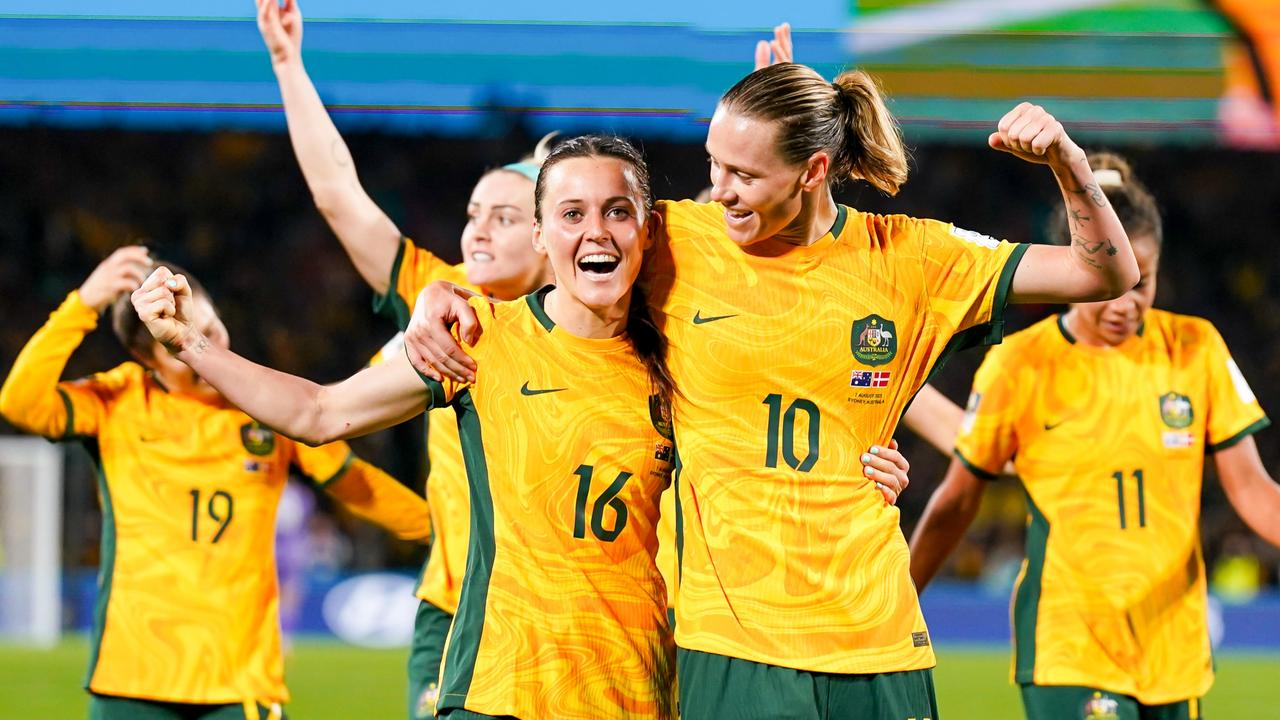 Hayley Raso celebrates with teammates after scoring her team's second goal during the FIFA Womens World Cup 2023 Round 16 football match between Australia and Denmark. Picture: Daniela Porcelli/SPP