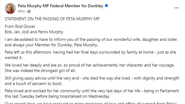 Statement from family of Peta Murphy.