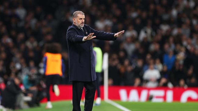 Ange Postecoglou tries to calm the situation during his Tottenham side’s 4-1 loss to Chelsea. Picture: Ryan Pierse/Getty Images