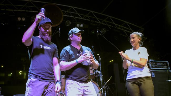 Sanctus Brewing Head Brewer Dale Johnston and owner Trent O'Connor celebrate being named the Crafted Beer &amp; Cider Festival 2020 People's Choice winner