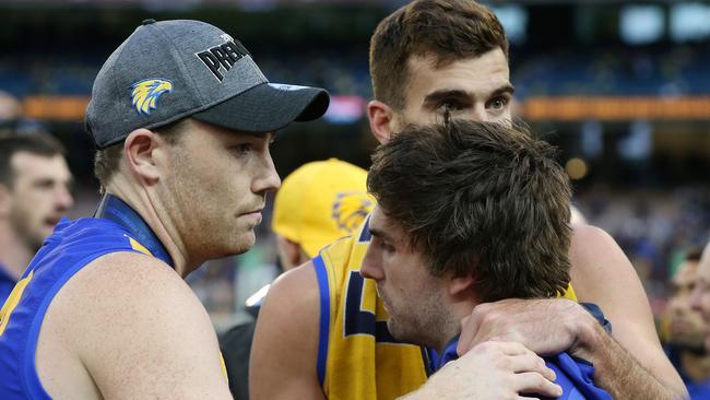 Andrew Gaff is consoled by teammates after the Grand Final. Picture: Michael Klein