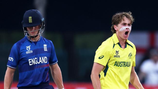 Raf MacMillan took 3-16 against England. (Photo by Matthew Lewis-ICC/ICC via Getty Images)