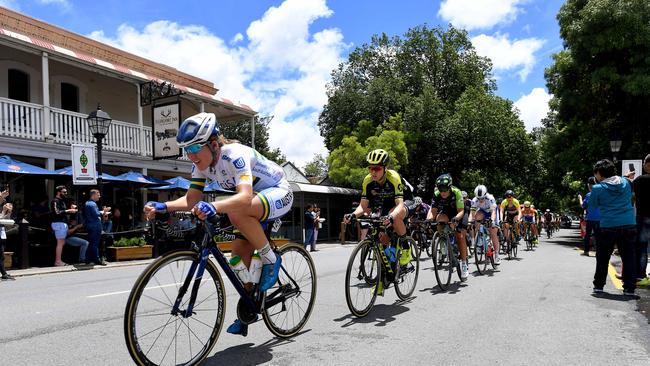 Amanda Spratt from team Mitchelton-Scott leads the peloton through Hahndorf during this year’s race. The fourth edition of the race will start in the Hills town on January 10. Picture: Naomi Jellicoe