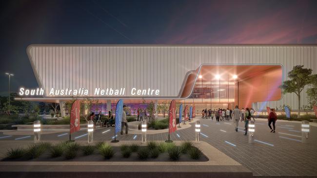 Artist impressions of the planned $92m SA Netball Centre at Mile End.