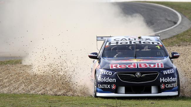 Jamie Whincup was one of many to run off track during a frantic Practice 2. Pic: Chris Kidd