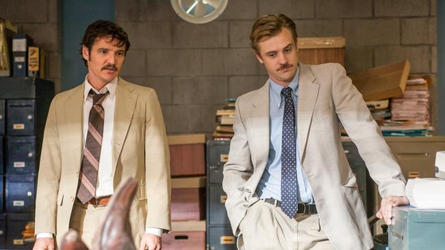 Pedro Pascal, left, and Boyd Holbrook in <i>Narcos</i>, streaming on Netflix.