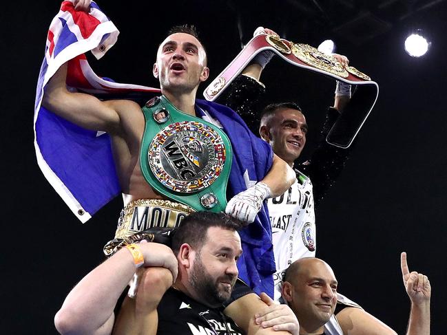 (L-R) Jason Moloney and Andrew Moloney of Australia pose in the undercard fight before the World Lightweight Championship bout between George Kambosos Jr. of Australia and Devin Haney of the United States at Rod Laver Arena on October 16, 2022. Picture: Getty