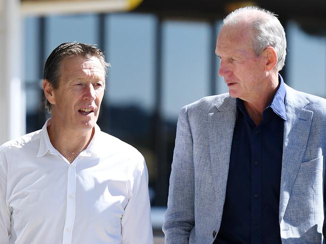 Brisbane Broncos coach Wayne Bennett (centre) and Melbourne Storm coach Craig Bellamy (left) arrive at the the NRL Sportsman's Lunch in Toowoomba, Queensland, Friday, June 1, 2018. (AAP Image/Dan Peled) NO ARCHIVING