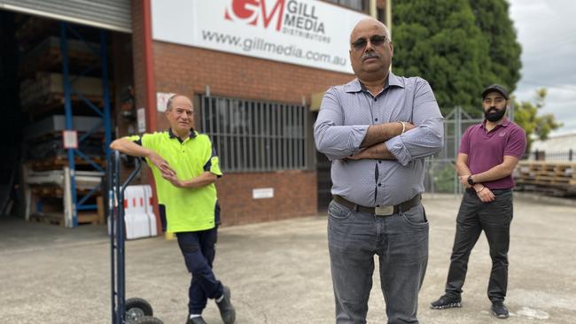 (L TO R) Saeed Ghorbani, Any Shape Plastics boss Lal Gill and Karandeep Singh Chowdhary at the Clyde factory set to be acquired by the government for Sydney Metro West. Picture: Jake McCallum