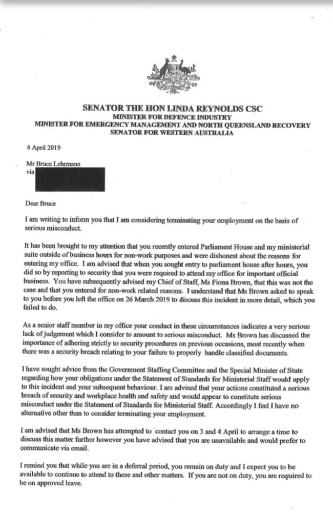 Senator Reynold’s reply to Mr Lehrmann on April 4, 2019.