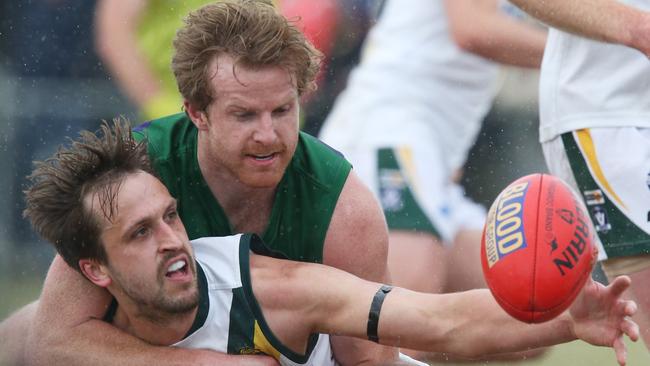 GFL Grand Final day St Mary's and Leopold. Leopold’s Billy Clark and St Mary’s Tom Lang. Picture: Mark Wilson