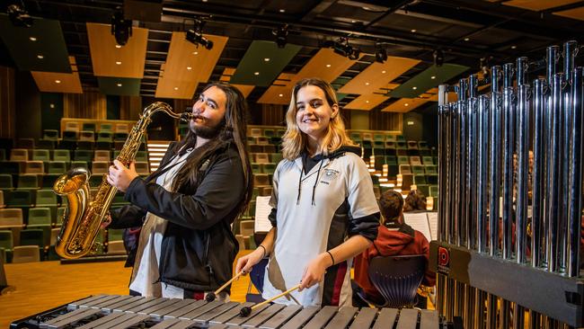 Music students Wiremu O'Brien, year 10, and Ada Gillespie, year 11, in the new theatre at Aberfoyle Park High School. Picture: Tom Huntley