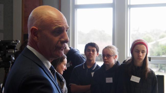 Tasmanian Premier Peter Gutwein speaks to students at Huonville High School on August 6, 2020.