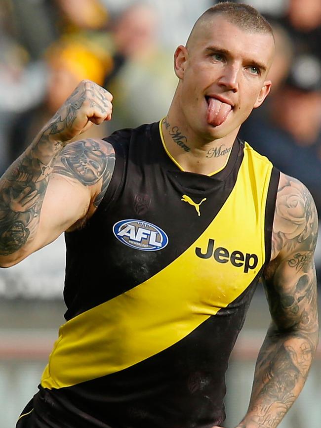 Dustin Martin celebrates one of his six goals against Brisbane.