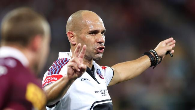 Referee Ashley Klein caught wind of the interchange breach and the penalised the Maroons. Picture: Getty Images