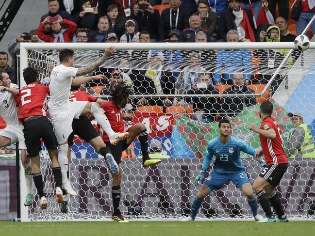 Jose Gimenez scores Uruguay's opening goal. Picture: AP