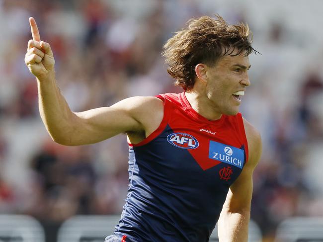 NCA. MELBOURNE, AUSTRALIA. April 19th, 2025 . AFL Round 6 .    Melbourne vs Fremantle at the MCG.  Jack Viney of the Demons celebrates a 1st quarter goal    .   Picture: Michael Klein