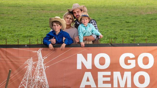 Glenden Watts with wife Ebony and children Elwood and Phoenix at the family farm at Yeungroon. Picture: Rob Leeson