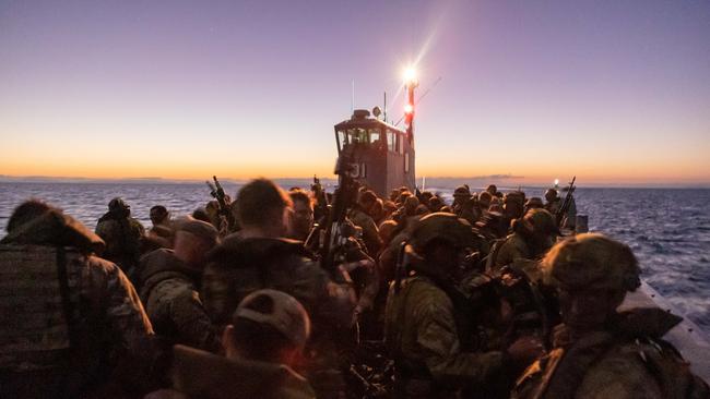 Personnel from 40 Commando Royal Marines, are transported to shore by a Royal Australian Navy LHD Landing Craft, prior to amphibious assault activity, during Exercise Talisman Sabre 2021. Picture: LACW Jacqueline Forrester