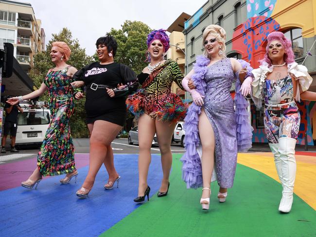 Daily Telegraph. 09, February, 2023.**FOR SYDNEY WORLDPRIDE**Drag Queens Verushka Darling, Coco Jumbo, Danni Issues, Space Horse and Karna Ford, at Taylor Square, Sydney, today.Picture: Justin Lloyd.