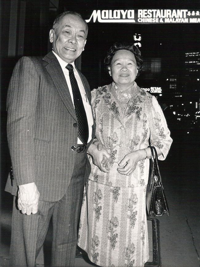 The Malaya’s original owners Wong Tai See and wife Mee Fong Wong outside the original restaurant in 1984.