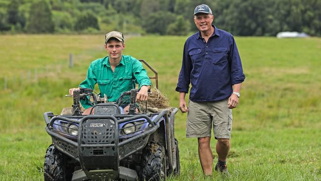 The Opposition Leader on his Dayboro farm with son Tom. Picture: Zak Simmonds