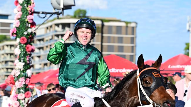 You Wangh and Tommy Berry return to scale after winning the Queensland Oaks at Eagle Farm on Saturday. Photo: Grant Peters/Trackside Photography.