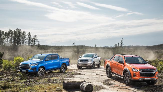 The Ford Ranger, Toyota HiLux and Isuzu D-Max. Picture: Thomas Wielecki