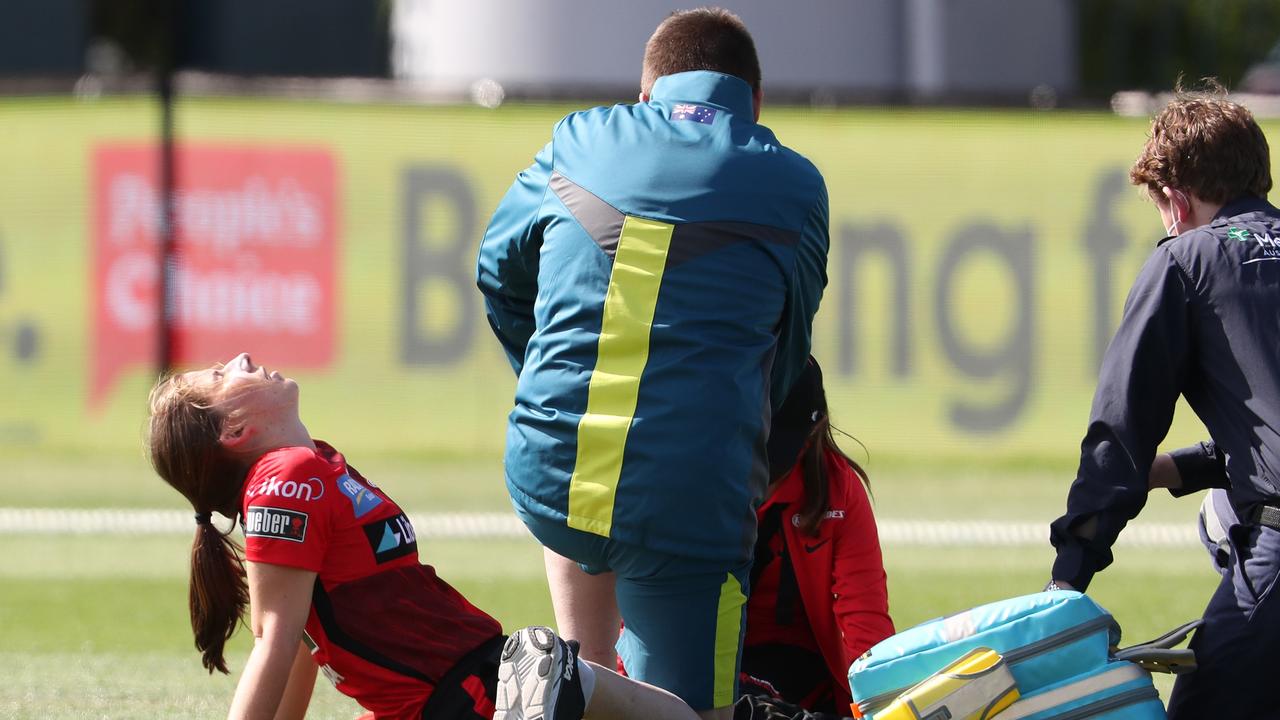 Georgia Wareham was in agony as she ruptured her left ACL during the Renegades’ WBBL clash against Adelaide. Picture: Sarah Reed/Getty Images