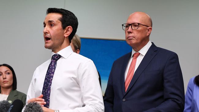 David Crisafulli and Peter Dutton at a Beyond DV announcement. Picture: Tertius Pickard