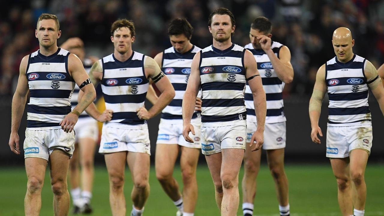 Joel Selwood, Patrick Dangerfield and Gary Ablett after the elimination final loss.