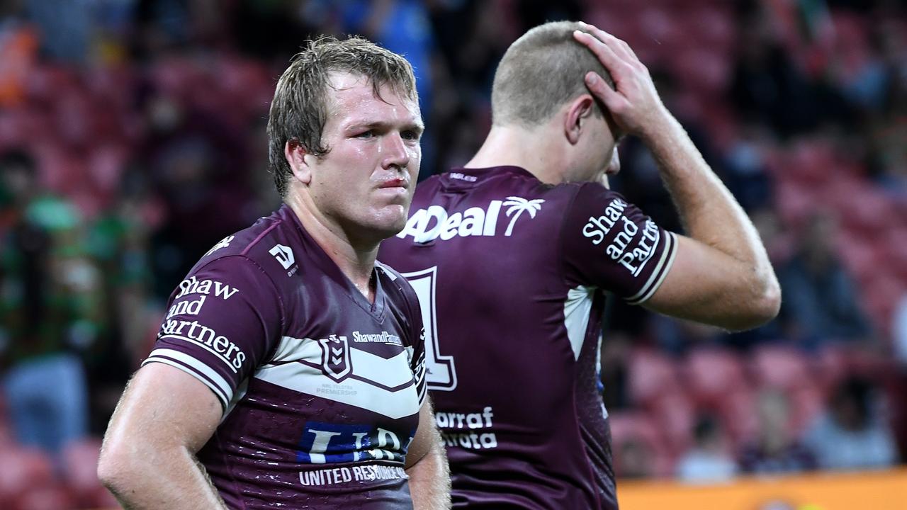 BRISBANE, AUSTRALIA – SEPTEMBER 24: Jake Trbojevic of the Sea Eagles and Tom Trbojevic of the Sea Eagles react after losing the NRL Preliminary Final match between the South Sydney Rabbitohs and the Manly Sea Eagles at Suncorp Stadium on September 24, 2021 in Brisbane, Australia. (Photo by Bradley Kanaris/Getty Images)