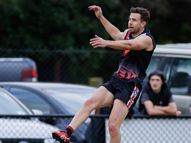 Brett Deledio slots a goal for Devon Meadows. Picture: Alan Dillon