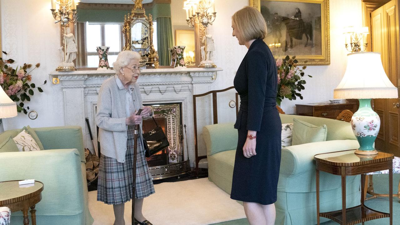 Queen Elizabeth greets newly elected leader of the Conservative party Liz Truss as she arrives at Balmoral Castle for an audience where she will be invited to become Prime Minister and form a new government.