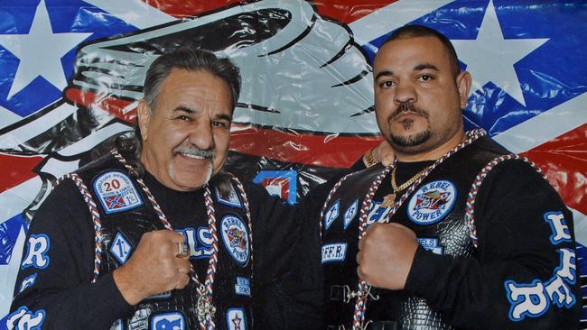 Alex Vella Jnr, right, was arrested for meeting with fellow Rebels members in Adelaide in March last year. Pictured with his father Alex Vella, the exiled chief of the Rebels.