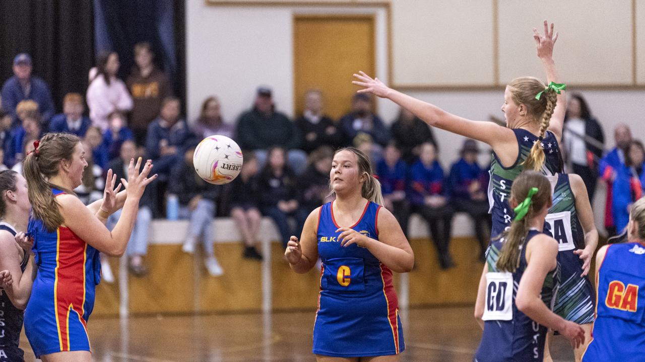 St Ursula's Senior B against Downlands Second VII in Merici-Chevalier Cup netball at Salo Centre, Friday, July 19, 2024. Picture: Kevin Farmer