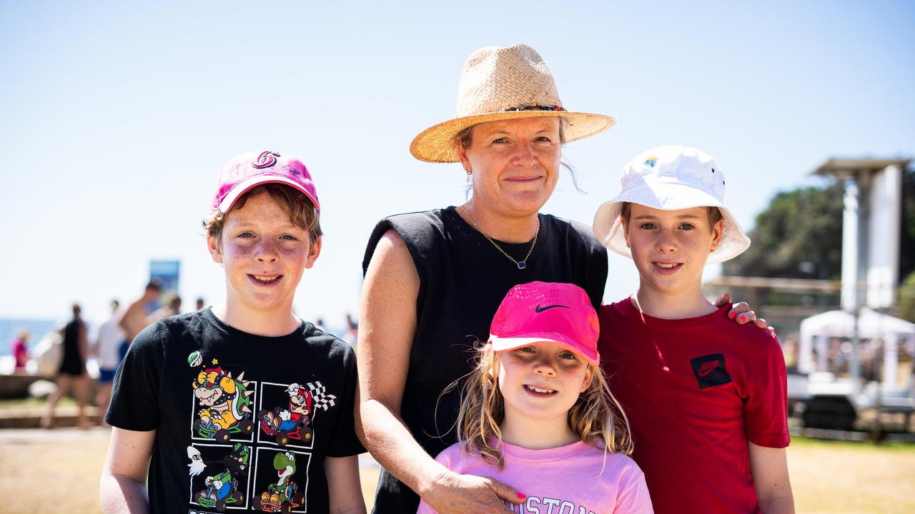 Brooke Hannam with her children — 10-year-old Patrick 10, 7-year-old Chloe and 12-year-old Archie 12 — at Bronte Beach after mountains of trash were left behind by more than 10,000 people celebrating Christmas Day there. Picture: Tom Parrish