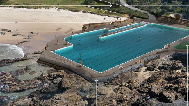 A concept image of the 50m pool planned for Port Macquarie with a kids pool on the Flagstaff Hill side and a disabled access ramp on the other.