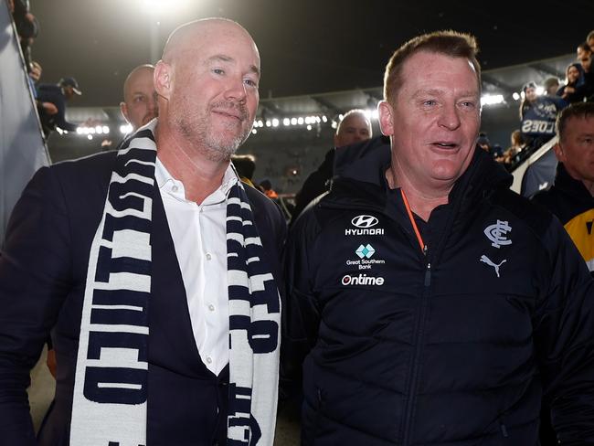 Blues president Luke Sayers and Michael Voss after last year’s Elimination Final. Picture: Michael Willson/Getty Images