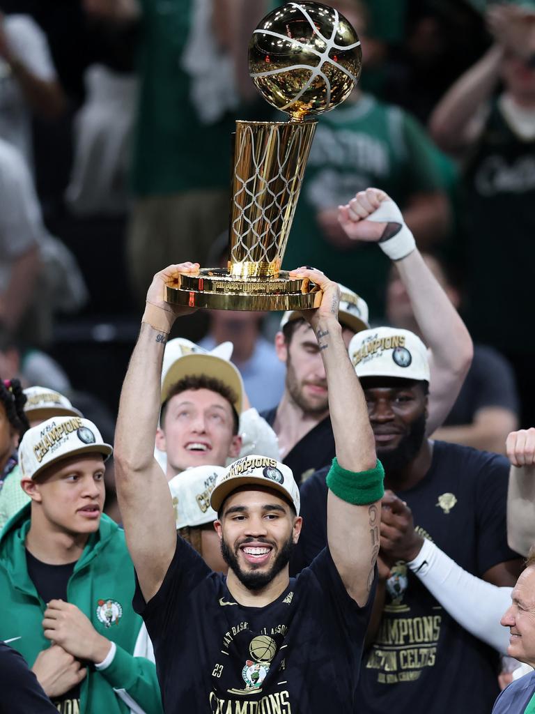 Jayson Tatum lifts the Larry O’Brien Trophy after leading Boston to a 4-1 win over Dallas in the 2024 NBA Finals. Picture: Getty Images/AFP