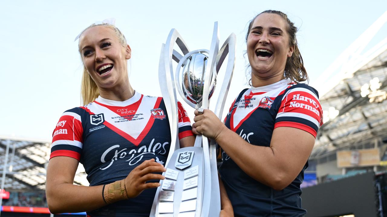 Jasmin Strange and Samantha Economos celebrate winning the premiership. Photo by Quinn Rooney/Getty Images