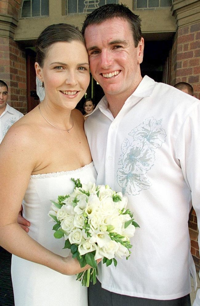 The wedding of former Broncos player Ben Ikin and Beth Bennett at St Brigid's Catholic Church, Red Hill in 2003. Picture: Jamie Hanson.